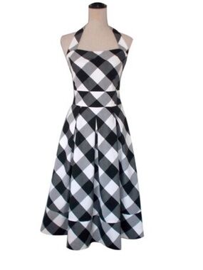 Karen Millen Retro Black White Plaid Halter Fit& Flare Dress Size 10